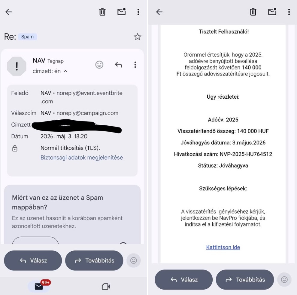 NAV-tól jött 140 ezer forintos visszatérítésről szóló e-mail